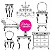 Vector gratuito conjunto de estilo de muebles vintage dibujados a mano