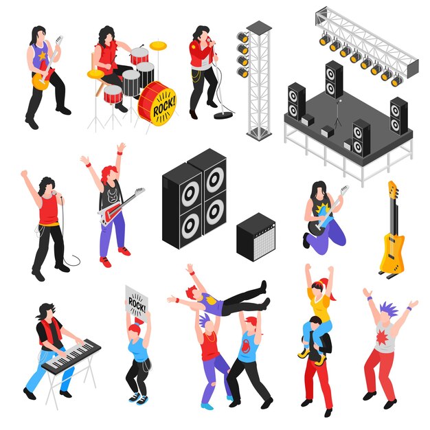 Conjunto de estrellas de rock con símbolos de música de concierto de metal ilustración vectorial aislada isométrica