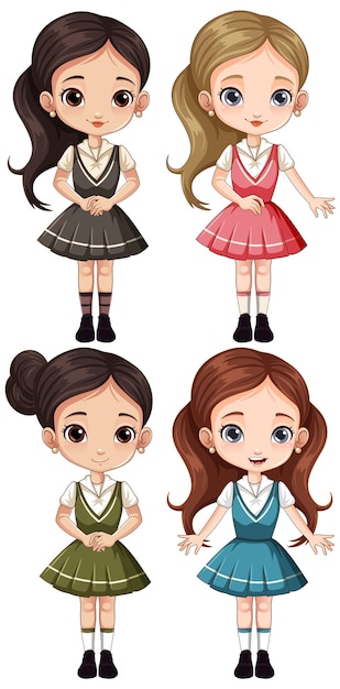 Vector gratuito conjunto, de, estudiante femenino, caricatura