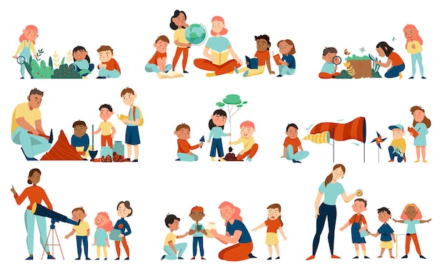 Conjunto de estudio de la naturaleza de íconos aislados con grupos de niños con telescopio de maestro e ilustración de vector de veleta