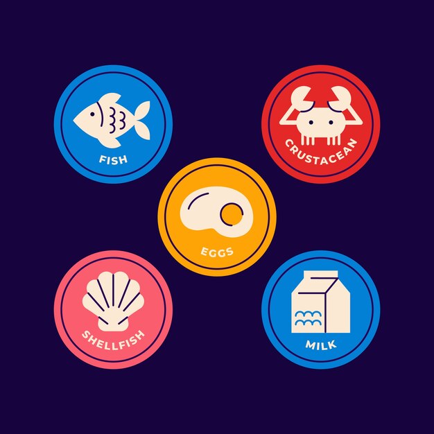 Conjunto de etiquetas de alergia alimentaria de diseño plano