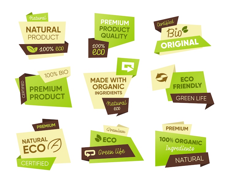 Vector gratuito conjunto de etiquetas de alimentos ecológicos frescos. pegatinas con muestras de texto de productos naturales, biológicos y orgánicos. plantillas de insignias para emblemas de alimentos saludables, mercado agrícola, dieta vegana o vegetariana