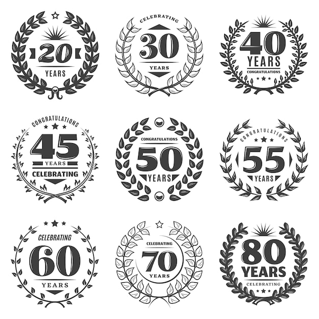 Vector gratuito conjunto de etiquetas de aniversario monocromo vintage