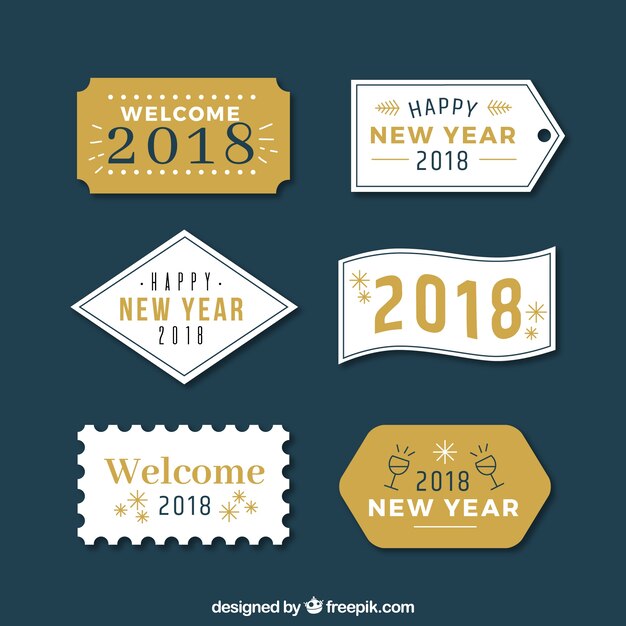 Conjunto de etiquetas de año nuevo de color amarillo y blanco
