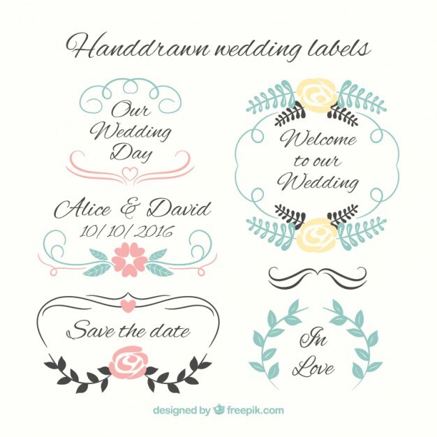 Conjunto de etiquetas de boda dibujadas a mano