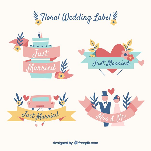 Conjunto de etiquetas de boda flat