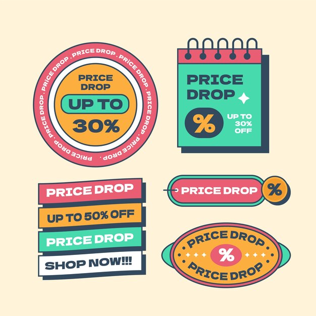 Conjunto de etiquetas de caída de precio de diseño plano