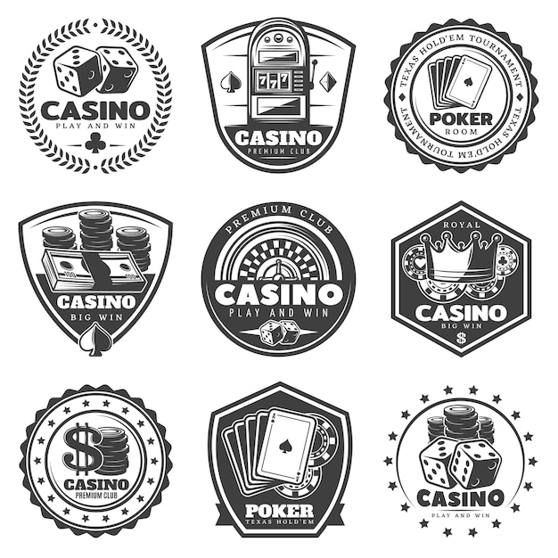 Conjunto de etiquetas de casino monocromo vintage