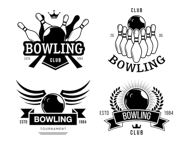 Conjunto de etiquetas de club de bolos. Plantillas de emblemas monocromos con texto, bolas, pines, símbolos del equipo de bolos en estilo retro. Ilustraciones vectoriales para entretenimiento, pasatiempos, ocio s