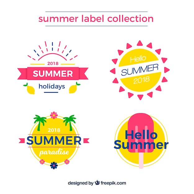Conjunto de etiquetas coloridas de verano con elementos de playa en estilo plano