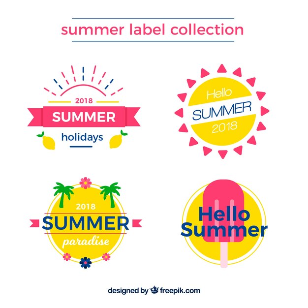 Conjunto de etiquetas coloridas de verano con elementos de playa en estilo plano