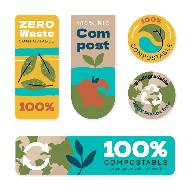 Vector gratuito conjunto de etiquetas compostables dibujadas a mano