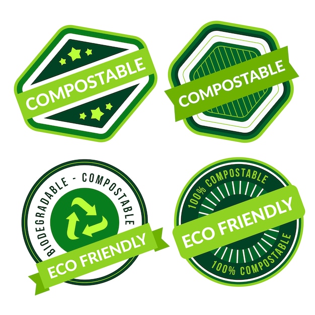 Vector gratuito conjunto de etiquetas compostables de diseño plano