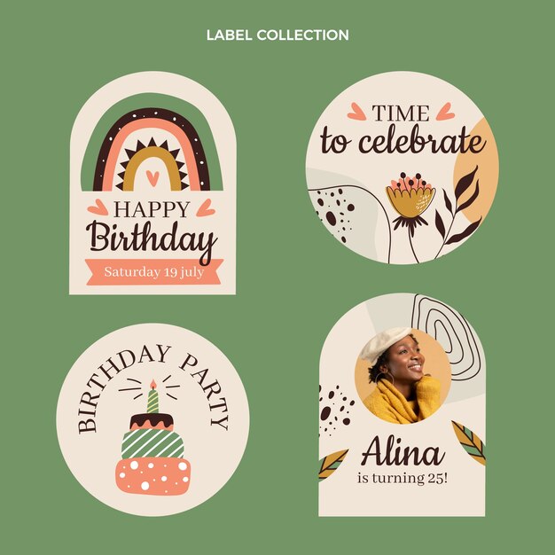 Conjunto de etiquetas de cumpleaños boho dibujadas a mano