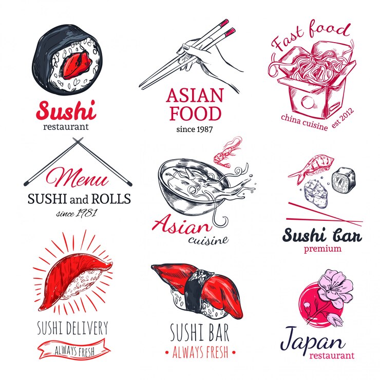 Vector gratuito conjunto de etiquetas de dibujo de comida asiática
