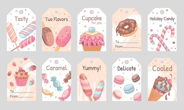 Vector gratuito conjunto de etiquetas de dulces. lollypops, donuts, ice cream, macarons ilustraciones