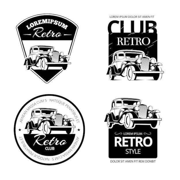Conjunto de etiquetas, emblemas e insignias vectoriales de muscle car clásico. vehículo retro, antiguo logotipo de transporte automotriz ilustración