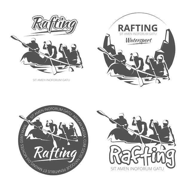 Vector gratuito conjunto de etiquetas, emblemas e insignias vintage de rafting, canoa y kayak. actividad al aire libre en canoa en el río ilustración