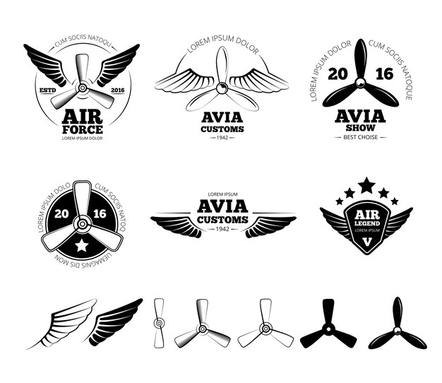Conjunto de etiquetas, emblemas y símbolos de aviones vintage. Sello de aviación, vuelo de ala, ilustración de vector de hélice