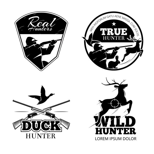 Conjunto de etiquetas y emblemas vectoriales de club de caza. Ilustración de ciervo animal, rifle y objetivo