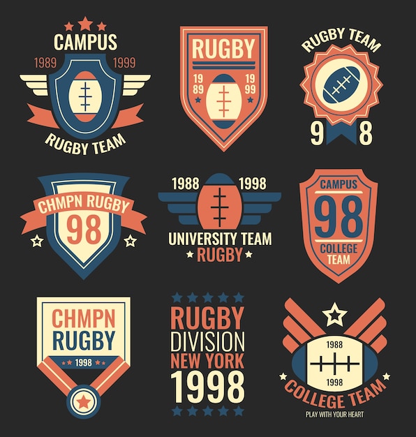 Conjunto de etiquetas de equipo de rugby. insignias del equipo deportivo universitario, emblemas grunge, parches de la comunidad universitaria en estilo retro vintage con texto. colección de ilustraciones vectoriales aisladas sobre fondo negro