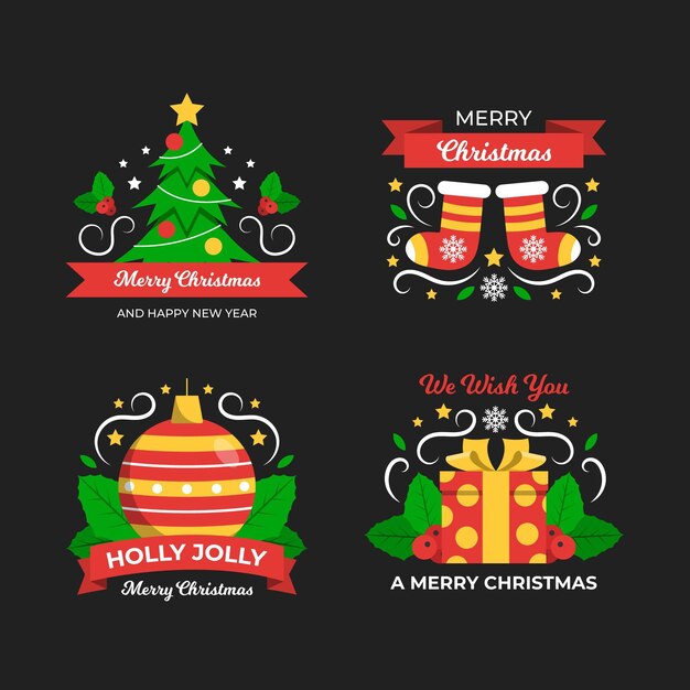 Conjunto de etiquetas de feliz navidad de diseño plano