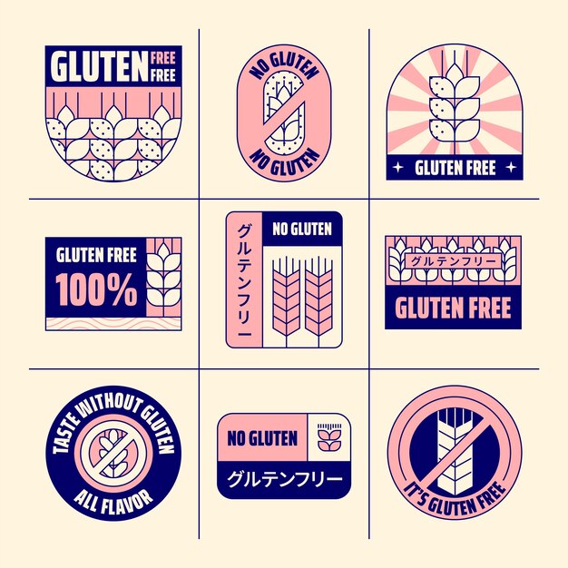 Conjunto de etiquetas sin gluten dibujadas a mano