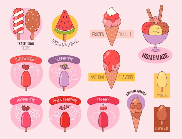 Vector gratuito conjunto de etiquetas de helado dibujado a mano