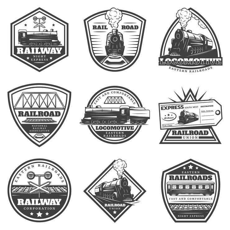 Vector gratuito conjunto de etiquetas de locomotora monocromo vintage