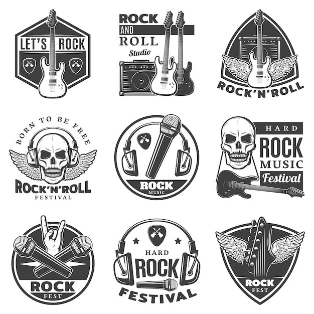 Vector gratuito conjunto de etiquetas de música rock monocromática vintage