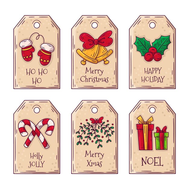 Conjunto de etiquetas navideñas dibujadas a mano