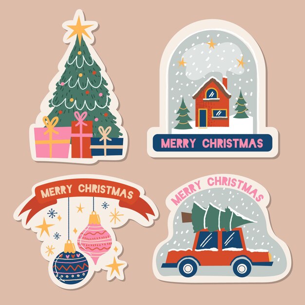 Conjunto de etiquetas navideñas dibujadas a mano