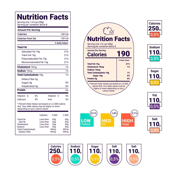 Vector gratuito conjunto de etiquetas de nutrición de diseño plano