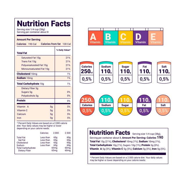 Conjunto de etiquetas de nutrición de diseño plano