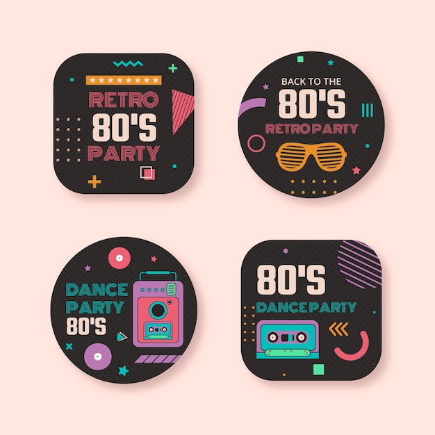 Vector gratuito conjunto de etiquetas o insignias planas de fiesta de los 80