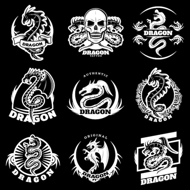 Conjunto de etiquetas de tatuaje de dragón blanco vintage