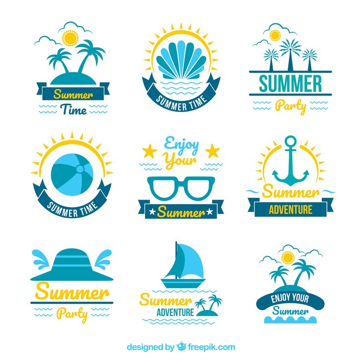 Vector gratuito conjunto de etiquetas de verano con elementos de playa en estilo plano