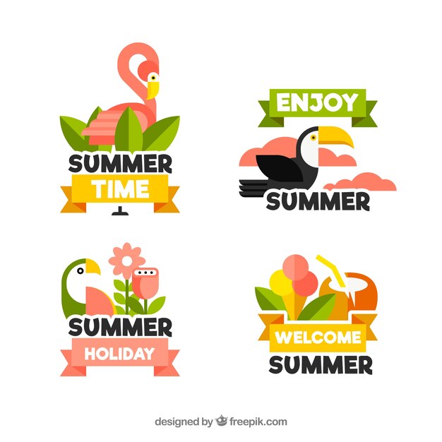 Conjunto de etiquetas de verano con pájaros en colores