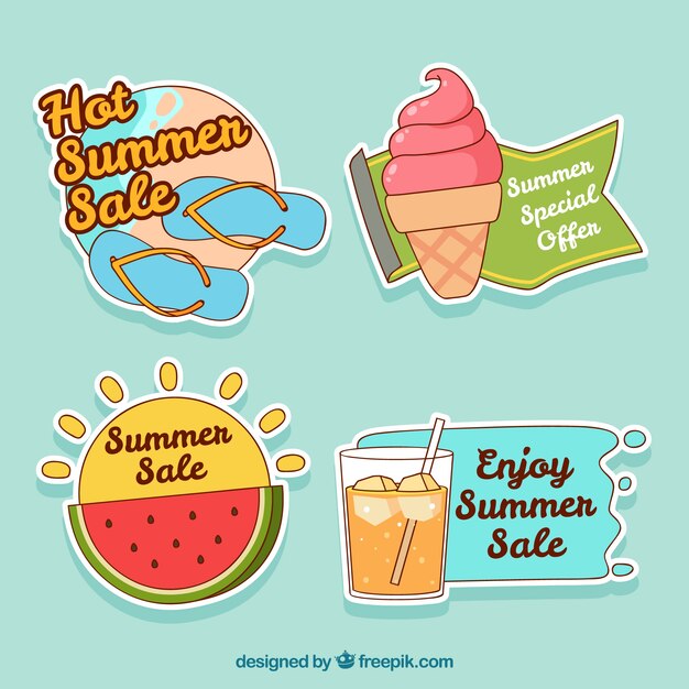 Conjunto de etiquetas de verano de venta con elementos de vacaciones