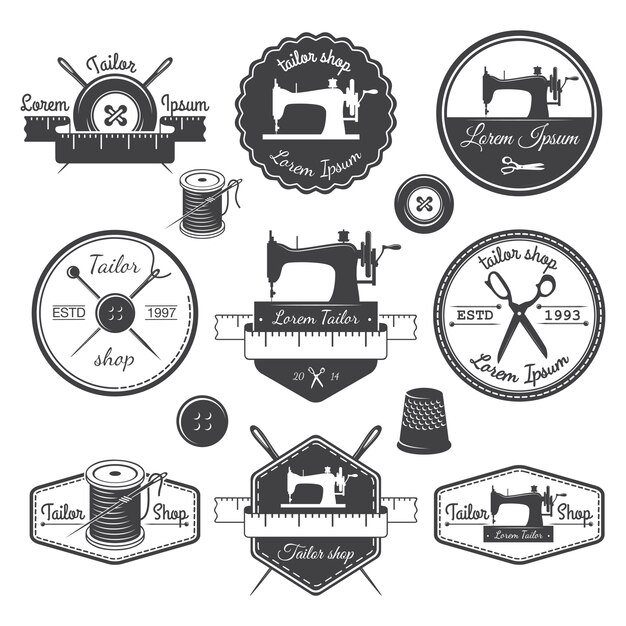 Conjunto de etiquetas vintage a medida, emblemas y elementos diseñados. Tema de sastrería