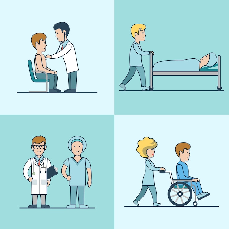 Vector gratuito conjunto de examen médico plano lineal, tratamiento, reanimación y alta hospitalaria. personajes de médico y paciente. cuidado de la salud, concepto de ayuda profesional.