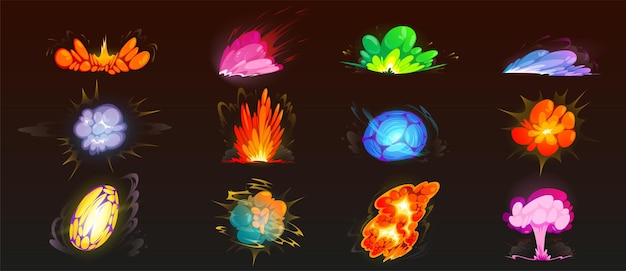 Vector gratuito conjunto de explosión de bomba de dibujos animados. nubes, efecto boom y elementos de humo para el diseño de juegos de interfaz de usuario. peligro de dinamita detonación explosiva, detonadores de fuego de cómics atómicos aislados iconos vectoriales