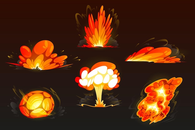 Conjunto de explosión de bomba de dibujos animados. Nubes, efecto boom