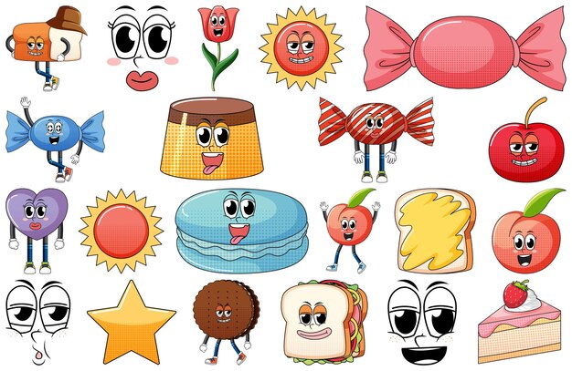 Conjunto de expresión facial con dibujos animados de comida de estilo vintage en Pentecostés