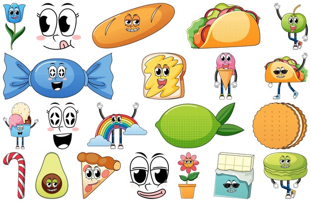 Conjunto de expresión facial con dibujos animados de comida de estilo vintage en Pentecostés