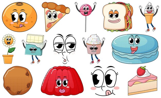 Conjunto de expresión facial con dibujos animados de comida de estilo vintage en Pentecostés