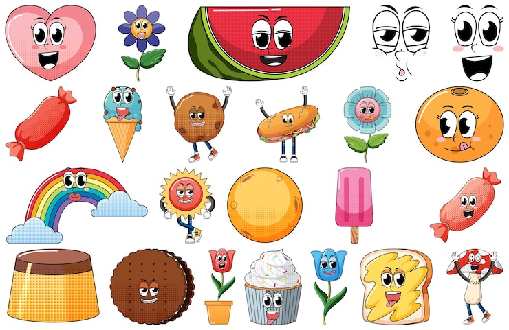 Vector gratuito conjunto de expresión facial con dibujos animados de comida de estilo vintage en pentecostés