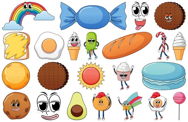 Conjunto de expresión facial con dibujos animados de comida de estilo vintage en Pentecostés
