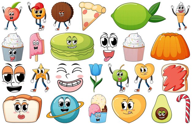 Conjunto de expresión facial con dibujos animados de comida de estilo vintage en Pentecostés
