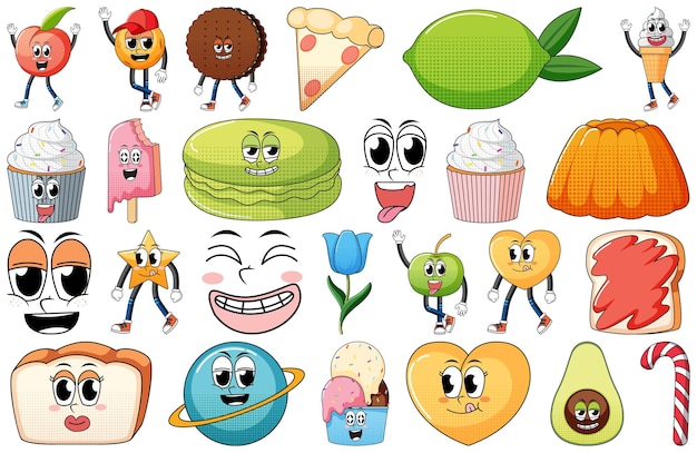 Conjunto de expresión facial con dibujos animados de comida de estilo vintage en Pentecostés